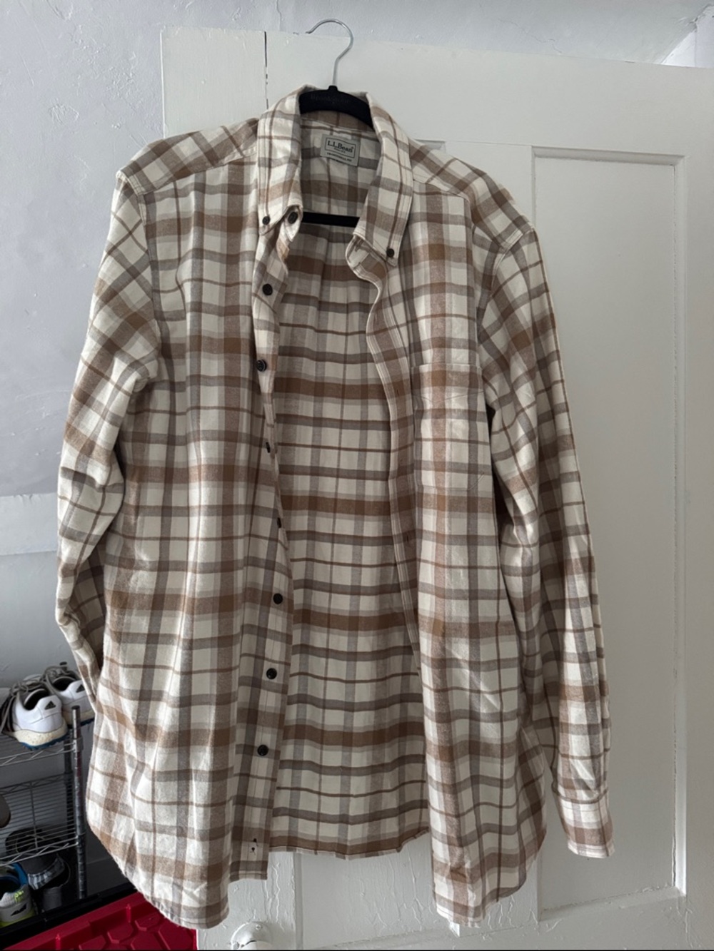 L.L. Bean Men's Cream and Tan Plaid Button-Down Shirt